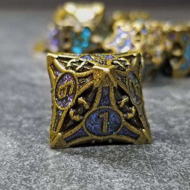 Sage's Runic Caltrops Bronze/Aquamarine Metal Polyhedral Dice Set - Sage's PortalMetal Dice Set