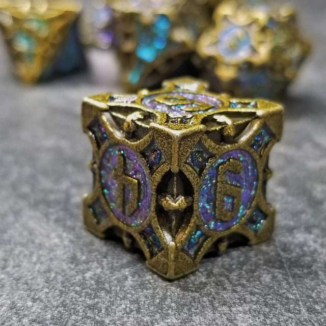 Sage's Runic Caltrops Bronze/Aquamarine Metal Polyhedral Dice Set - Sage's PortalMetal Dice Set
