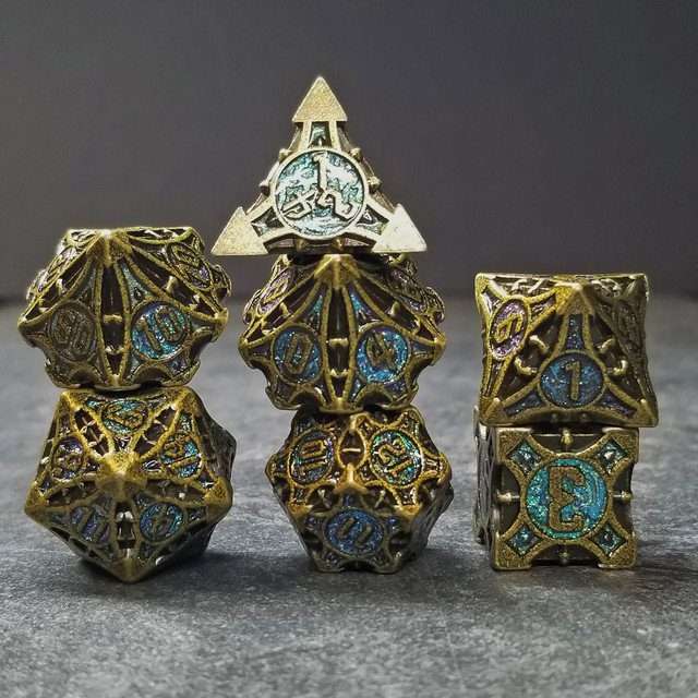 Sage's Runic Caltrops Bronze/Aquamarine Metal Polyhedral Dice Set - Sage's PortalMetal Dice Set