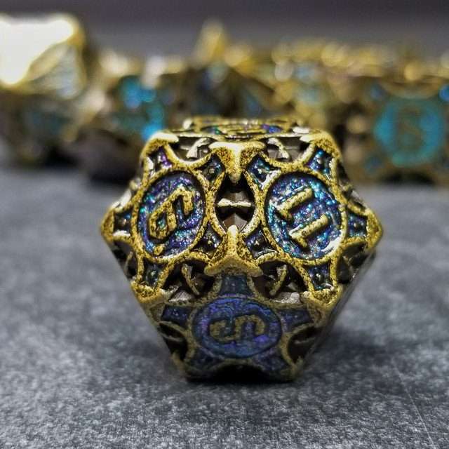 Sage's Runic Caltrops Bronze/Aquamarine Metal Polyhedral Dice Set - Sage's PortalMetal Dice Set