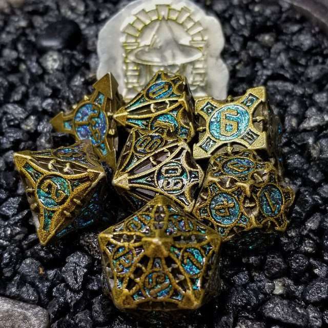 Sage's Runic Caltrops Bronze/Aquamarine Metal Polyhedral Dice Set - Sage's PortalMetal Dice Set