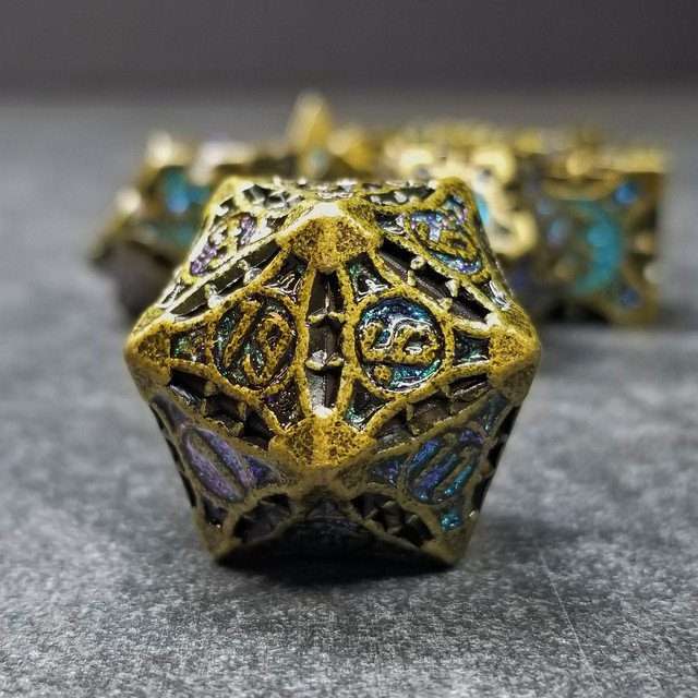 Sage's Runic Caltrops Bronze/Aquamarine Metal Polyhedral Dice Set - Sage's PortalMetal Dice Set