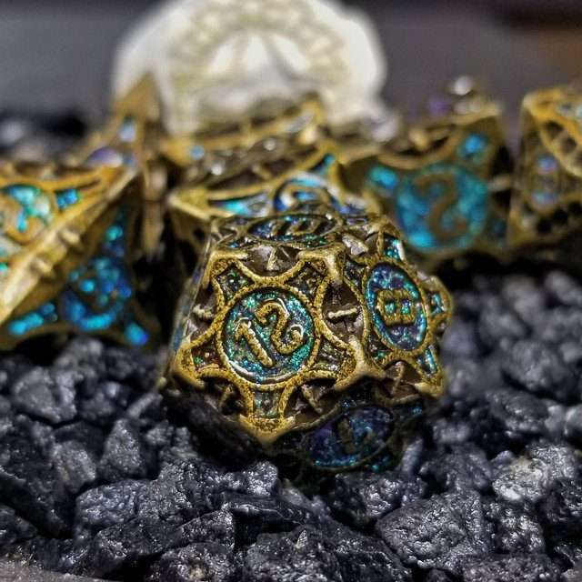 Sage's Runic Caltrops Bronze/Aquamarine Metal Polyhedral Dice Set - Sage's PortalMetal Dice Set