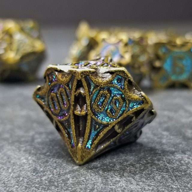 Sage's Runic Caltrops Bronze/Aquamarine Metal Polyhedral Dice Set - Sage's PortalMetal Dice Set