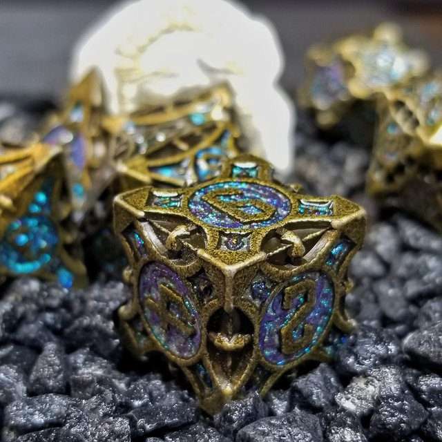 Sage's Runic Caltrops Bronze/Aquamarine Metal Polyhedral Dice Set - Sage's PortalMetal Dice Set