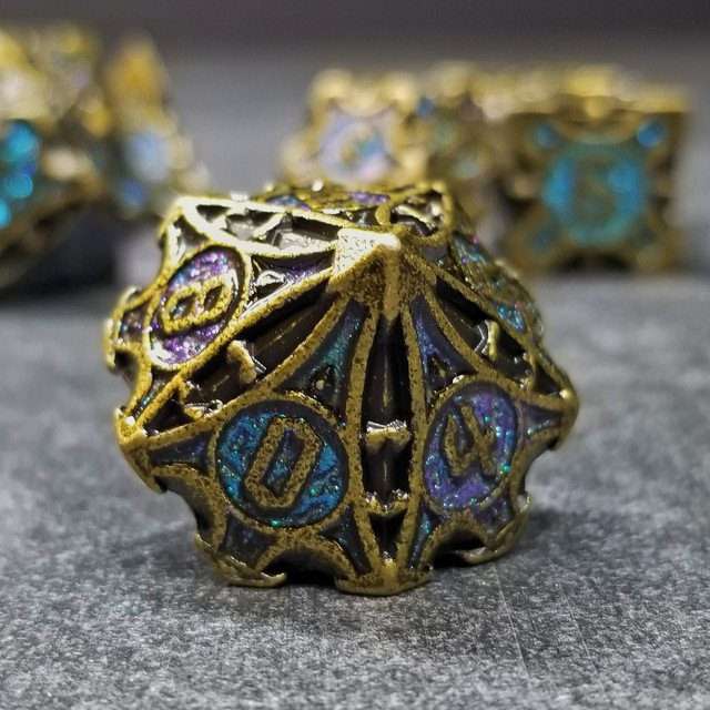 Sage's Runic Caltrops Bronze/Aquamarine Metal Polyhedral Dice Set - Sage's PortalMetal Dice Set
