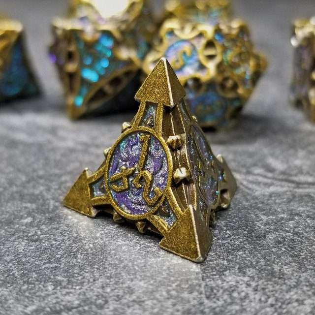 Sage's Runic Caltrops Bronze/Aquamarine Metal Polyhedral Dice Set - Sage's PortalMetal Dice Set