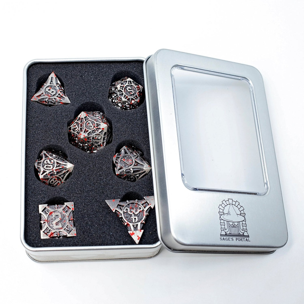 Sage’s Runic Caltrops Nickel Blood Splatter Solid Metal Polyhedral Dice Set - Sage's PortalMetal Dice Set