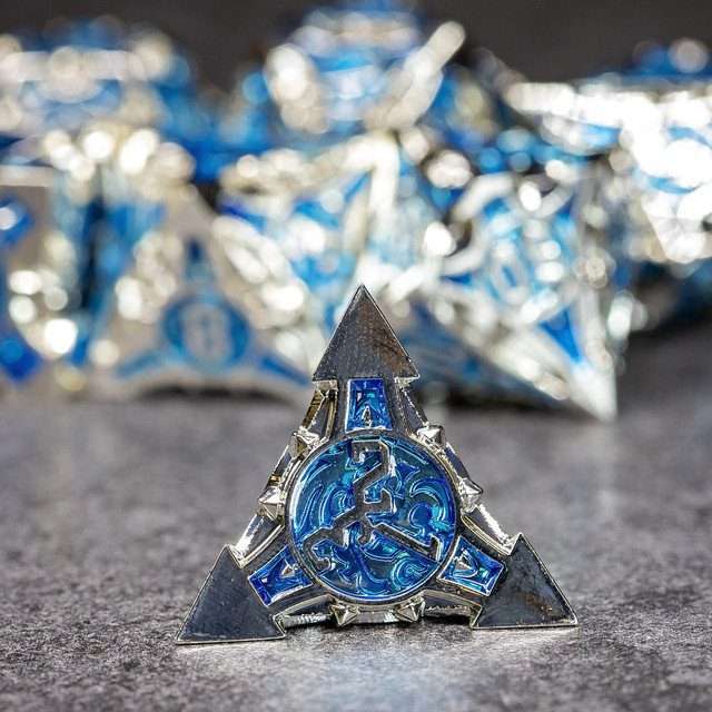 Sage’s Runic Caltrops Silver/Sapphire Metal Polyhedral Dice Set - Sage's PortalMetal Dice Set