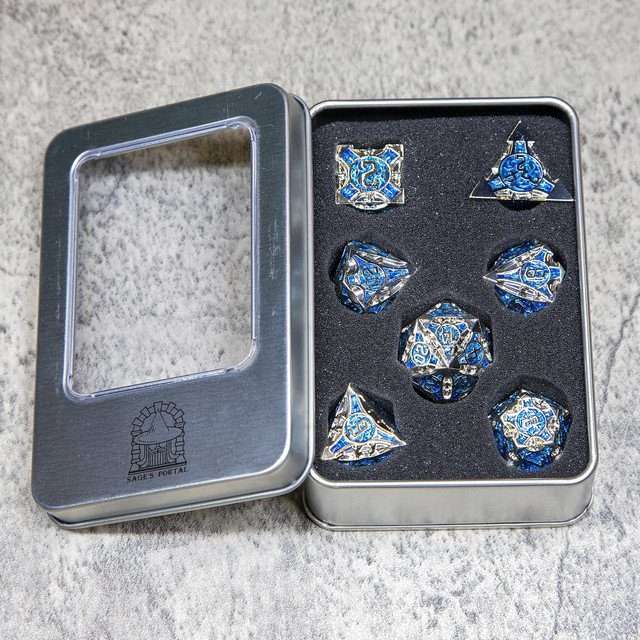 Sage’s Runic Caltrops Silver/Sapphire Metal Polyhedral Dice Set - Sage's PortalMetal Dice Set