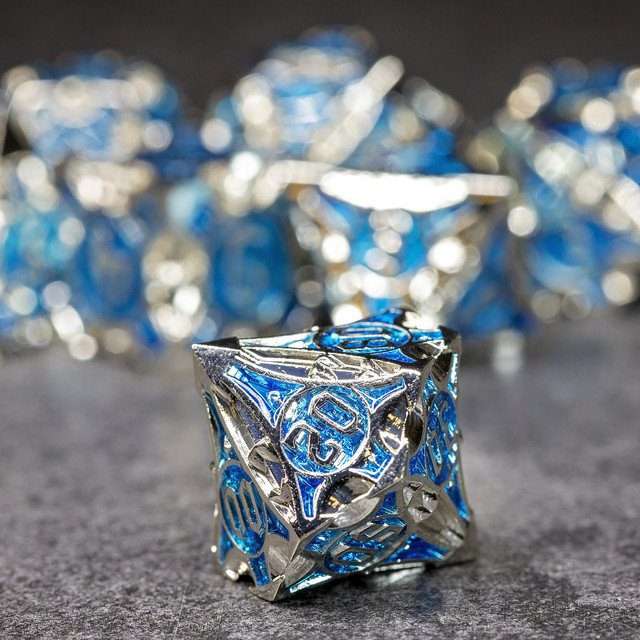 Sage’s Runic Caltrops Silver/Sapphire Metal Polyhedral Dice Set - Sage's PortalMetal Dice Set