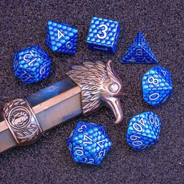 Sage's Scaled Eggs Deep Blue Silver Ink Metal Polyhedral Dice Set - Sage's PortalMetal Dice Set