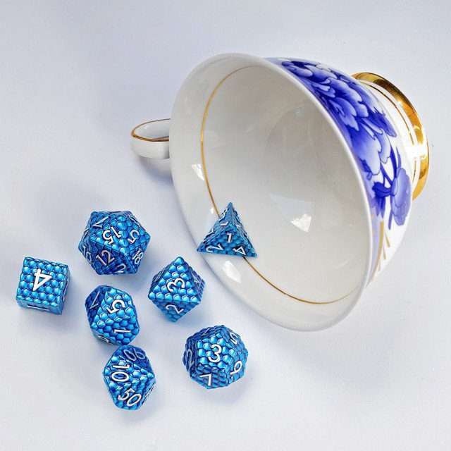 Sage's Scaled Eggs Deep Blue Silver Ink Metal Polyhedral Dice Set - Sage's PortalMetal Dice Set