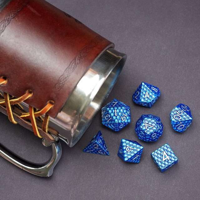 Sage's Scaled Eggs Deep Blue Silver Ink Metal Polyhedral Dice Set - Sage's PortalMetal Dice Set