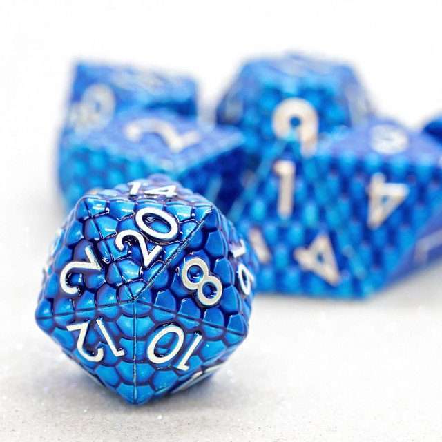 Sage's Scaled Eggs Deep Blue Silver Ink Metal Polyhedral Dice Set - Sage's PortalMetal Dice Set
