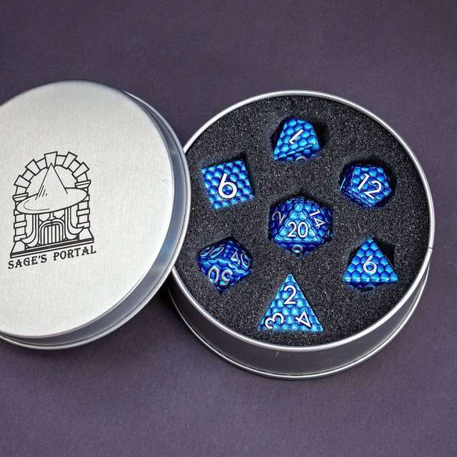 Sage's Scaled Eggs Deep Blue Silver Ink Metal Polyhedral Dice Set - Sage's PortalMetal Dice Set