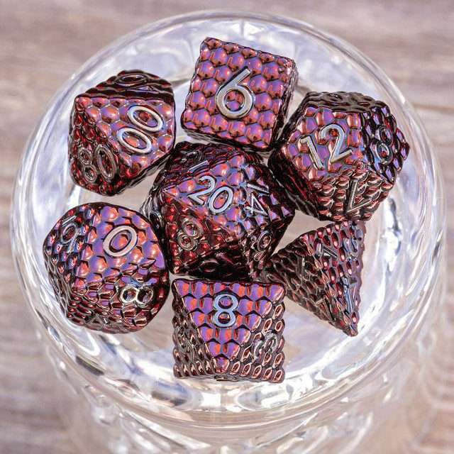 Sage's Scaled Eggs Deep Crimson Grey Ink Metal Polyhedral Dice Set - Sage's PortalMetal Dice Set