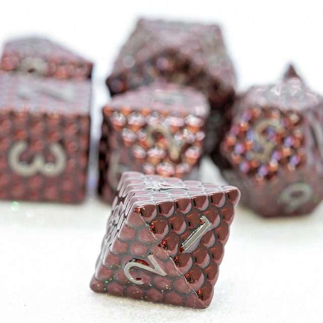 Sage's Scaled Eggs Deep Crimson Grey Ink Metal Polyhedral Dice Set - Sage's PortalMetal Dice Set