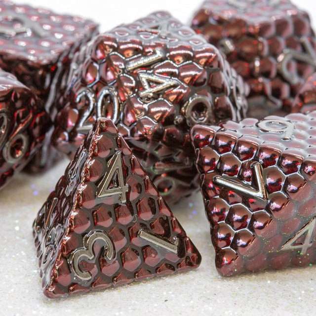 Sage's Scaled Eggs Deep Crimson Grey Ink Metal Polyhedral Dice Set - Sage's PortalMetal Dice Set