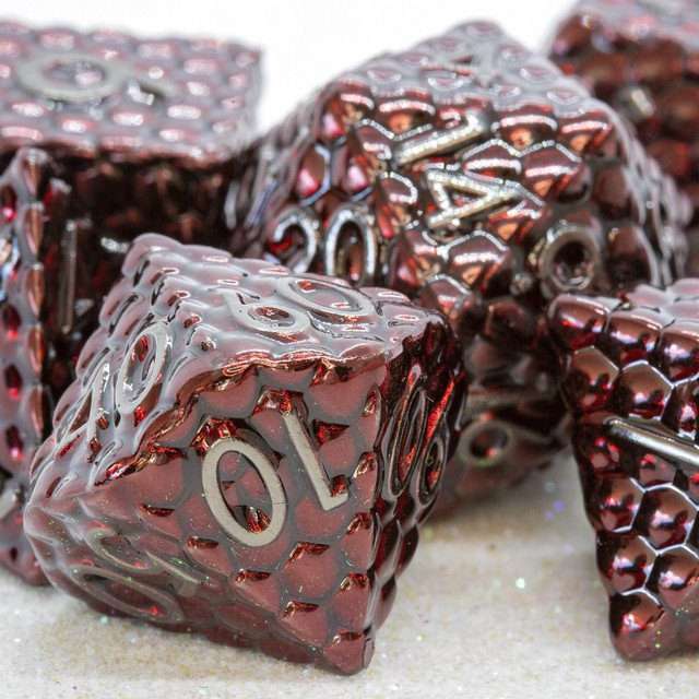 Sage's Scaled Eggs Deep Crimson Grey Ink Metal Polyhedral Dice Set - Sage's PortalMetal Dice Set