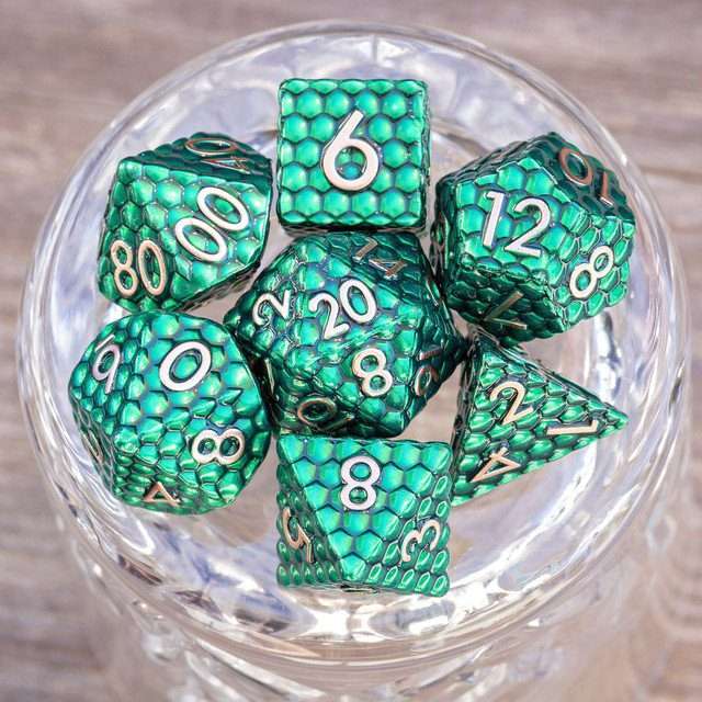 Sage's Scaled Eggs Forest Green Bronze Ink Metal Polyhedral Dice Set - Sage's PortalMetal Dice Set