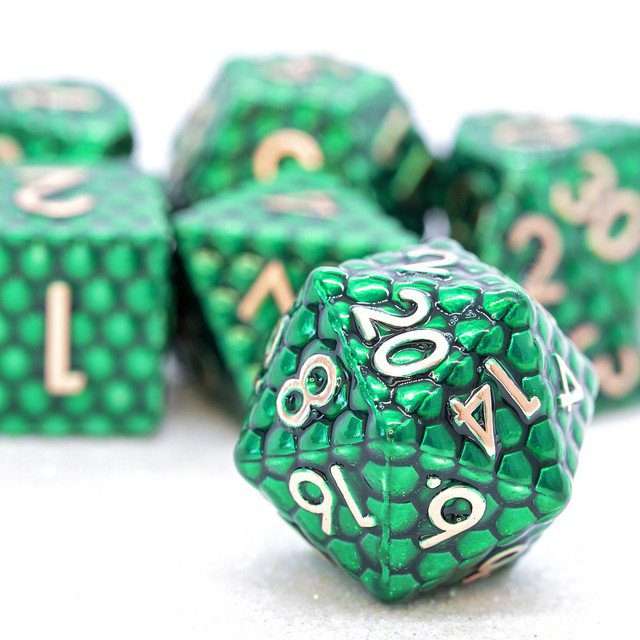 Sage's Scaled Eggs Forest Green Bronze Ink Metal Polyhedral Dice Set - Sage's PortalMetal Dice Set