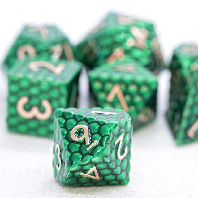 Sage's Scaled Eggs Forest Green Bronze Ink Metal Polyhedral Dice Set - Sage's PortalMetal Dice Set