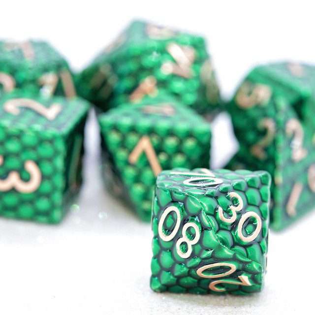 Sage's Scaled Eggs Forest Green Bronze Ink Metal Polyhedral Dice Set - Sage's PortalMetal Dice Set