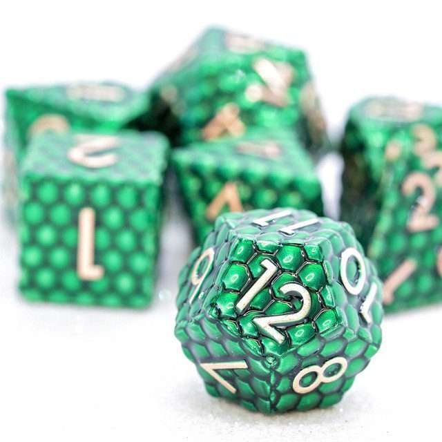 Sage's Scaled Eggs Forest Green Bronze Ink Metal Polyhedral Dice Set - Sage's PortalMetal Dice Set