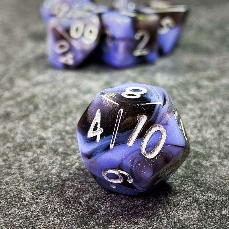 Sage's Shards - Black/Lilac Glitter and Silver Ink Acrylic Polyhedral Dice Set - Sage's PortalAcrylic Dice Set