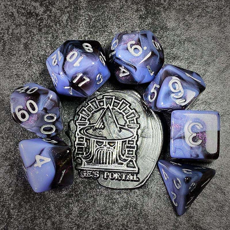 Sage's Shards - Black/Lilac Glitter and Silver Ink Acrylic Polyhedral Dice Set - Sage's PortalAcrylic Dice Set