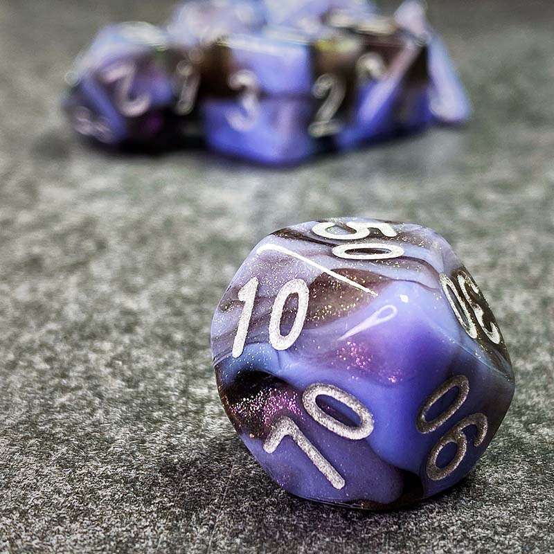 Sage's Shards - Black/Lilac Glitter and Silver Ink Acrylic Polyhedral Dice Set - Sage's PortalAcrylic Dice Set