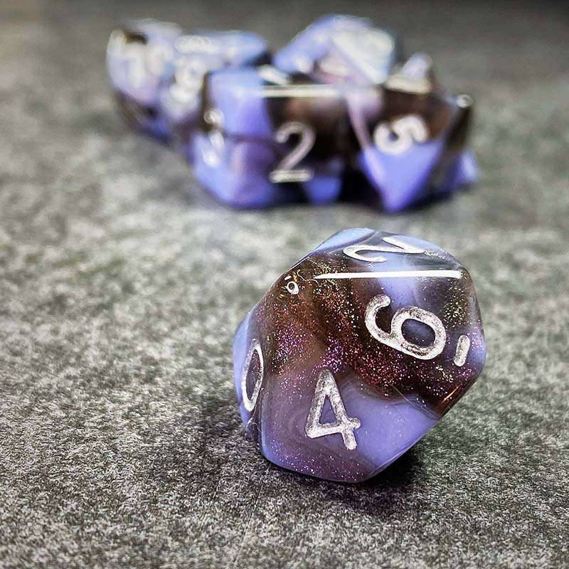 Sage's Shards - Black/Lilac Glitter and Silver Ink Acrylic Polyhedral Dice Set - Sage's PortalAcrylic Dice Set