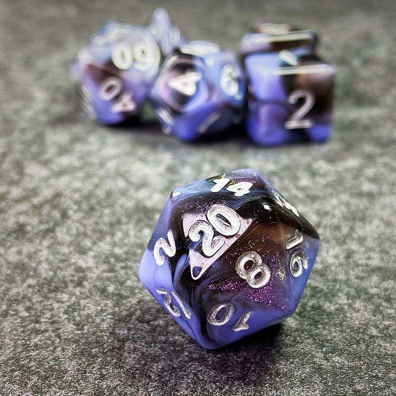 Sage's Shards - Black/Lilac Glitter and Silver Ink Acrylic Polyhedral Dice Set - Sage's PortalAcrylic Dice Set
