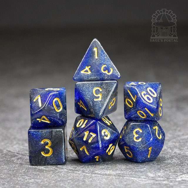 Sage's Shards - Blue/Purple Glitter Gold Ink Polyhedral Dice Set - Sage's PortalAcrylic Dice Set