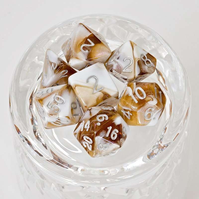 Sage's Shards - Brown/White Glitter and Silver Ink Acrylic Polyhedral Dice Set - Sage's PortalAcrylic Dice Set