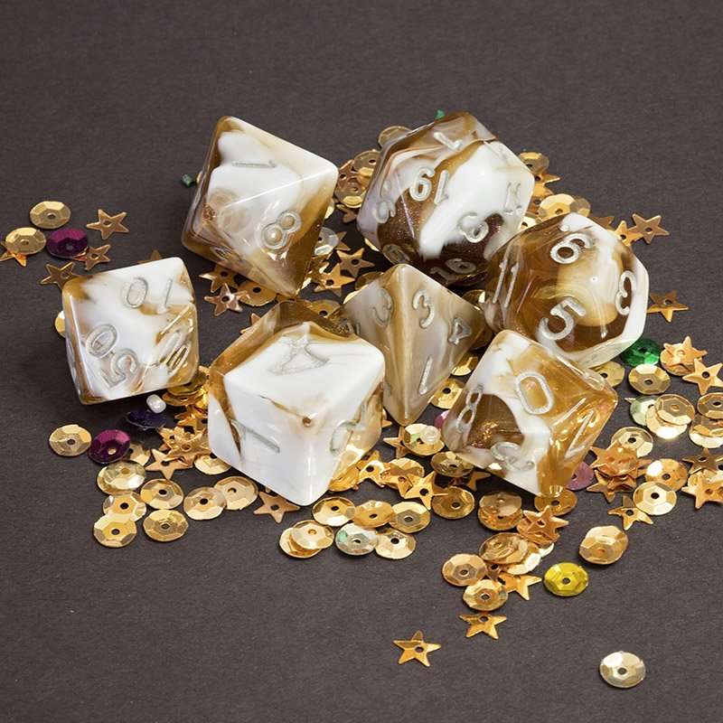 Sage's Shards - Brown/White Glitter and Silver Ink Acrylic Polyhedral Dice Set - Sage's PortalAcrylic Dice Set