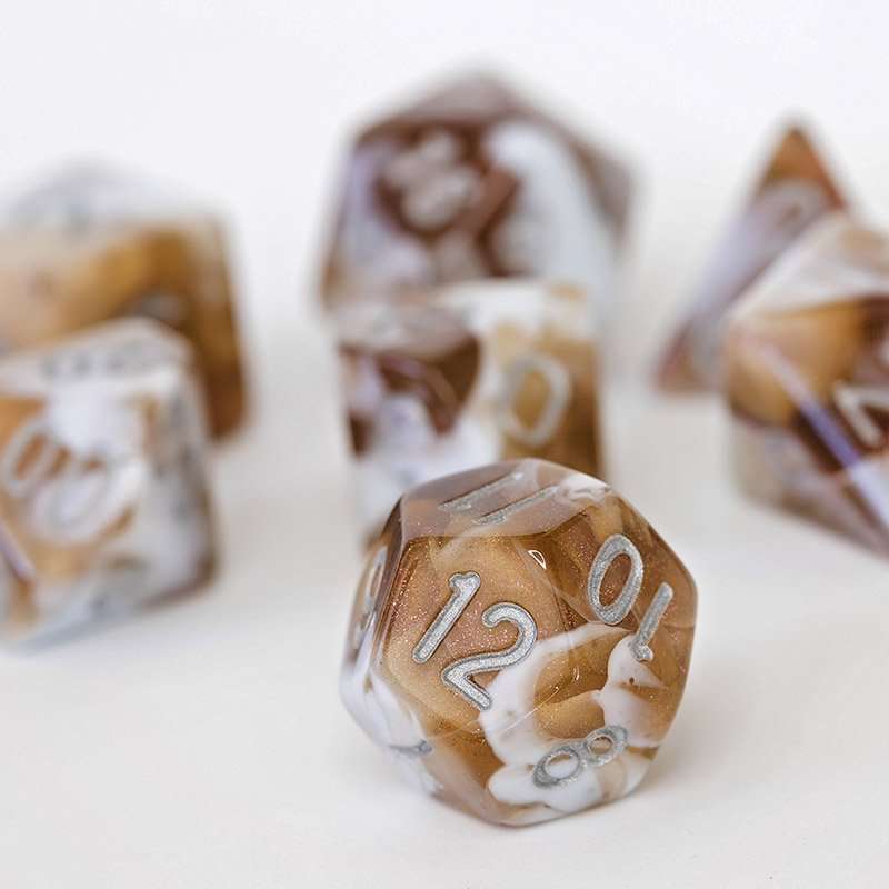 Sage's Shards - Brown/White Glitter and Silver Ink Acrylic Polyhedral Dice Set - Sage's PortalAcrylic Dice Set