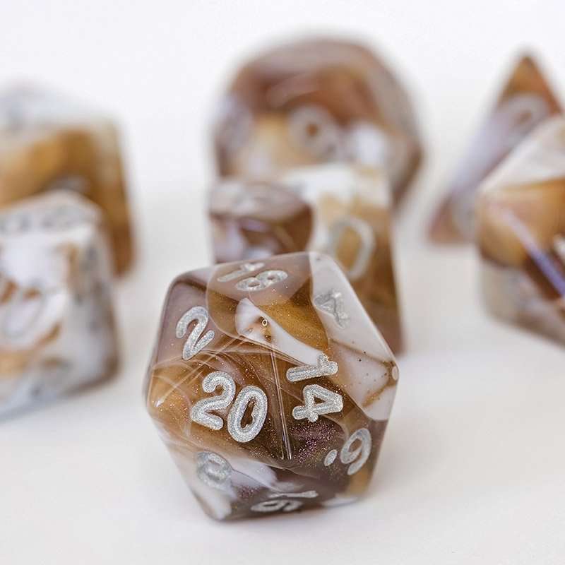 Sage's Shards - Brown/White Glitter and Silver Ink Acrylic Polyhedral Dice Set - Sage's PortalAcrylic Dice Set