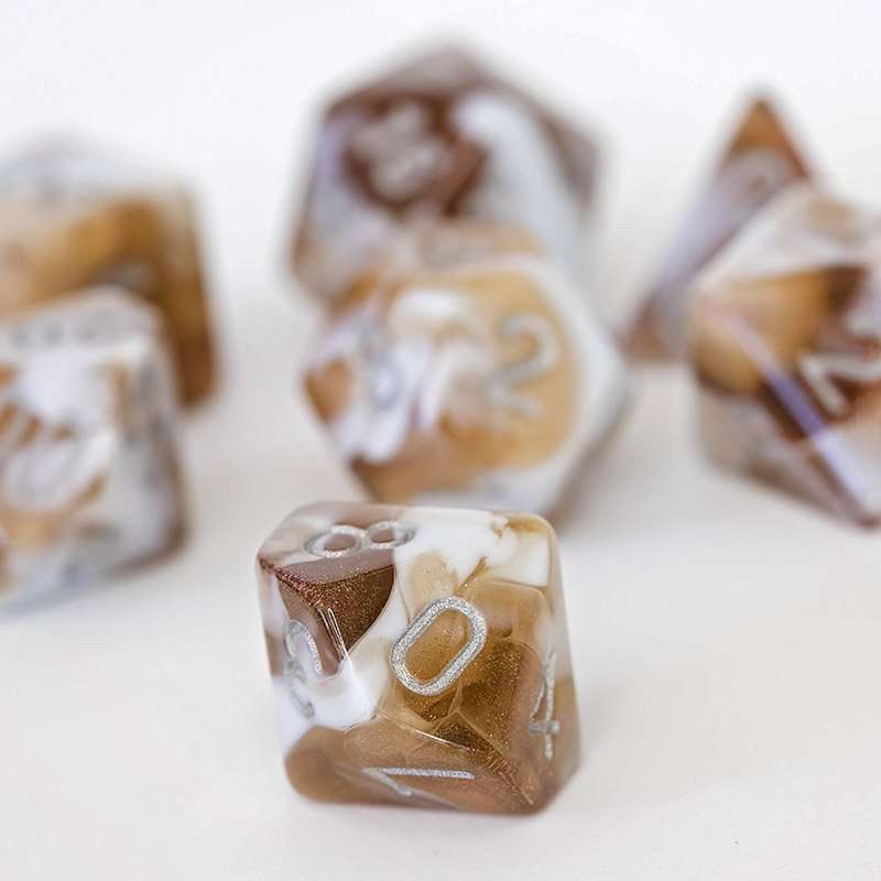 Sage's Shards - Brown/White Glitter and Silver Ink Acrylic Polyhedral Dice Set - Sage's PortalAcrylic Dice Set