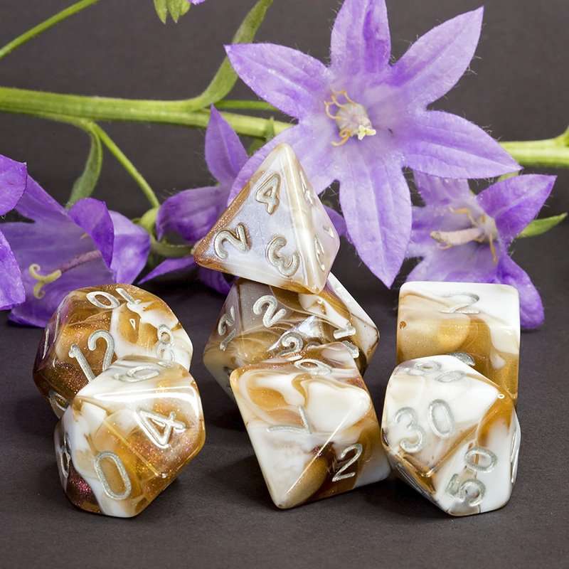 Sage's Shards - Brown/White Glitter and Silver Ink Acrylic Polyhedral Dice Set - Sage's PortalAcrylic Dice Set