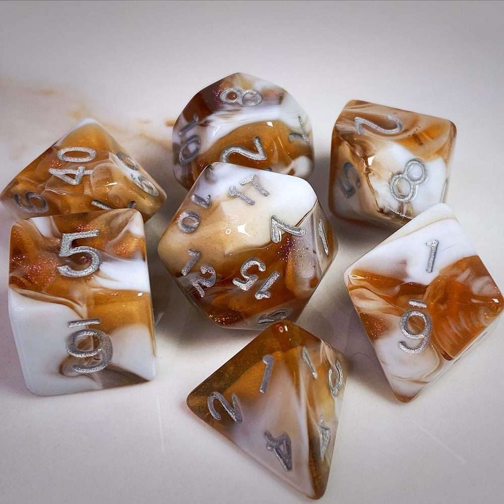 Sage's Shards - Brown/White Glitter and Silver Ink Acrylic Polyhedral Dice Set - Sage's PortalAcrylic Dice Set