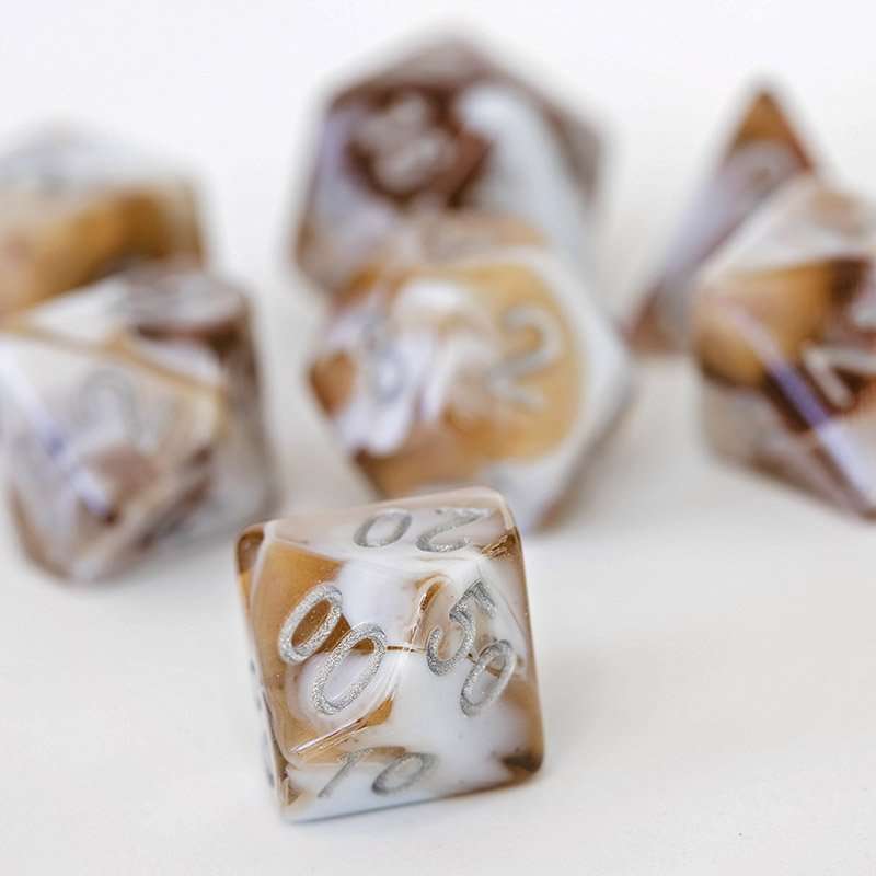 Sage's Shards - Brown/White Glitter and Silver Ink Acrylic Polyhedral Dice Set - Sage's PortalAcrylic Dice Set