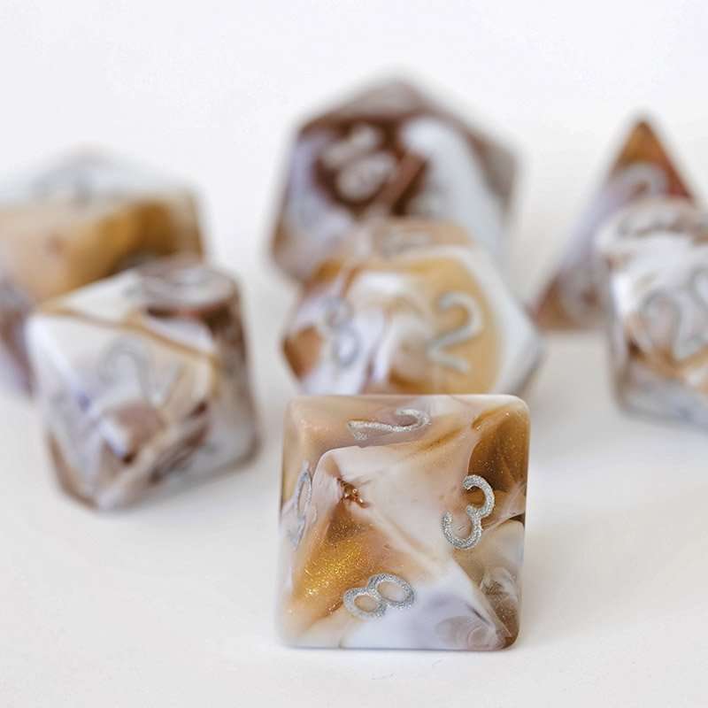 Sage's Shards - Brown/White Glitter and Silver Ink Acrylic Polyhedral Dice Set - Sage's PortalAcrylic Dice Set