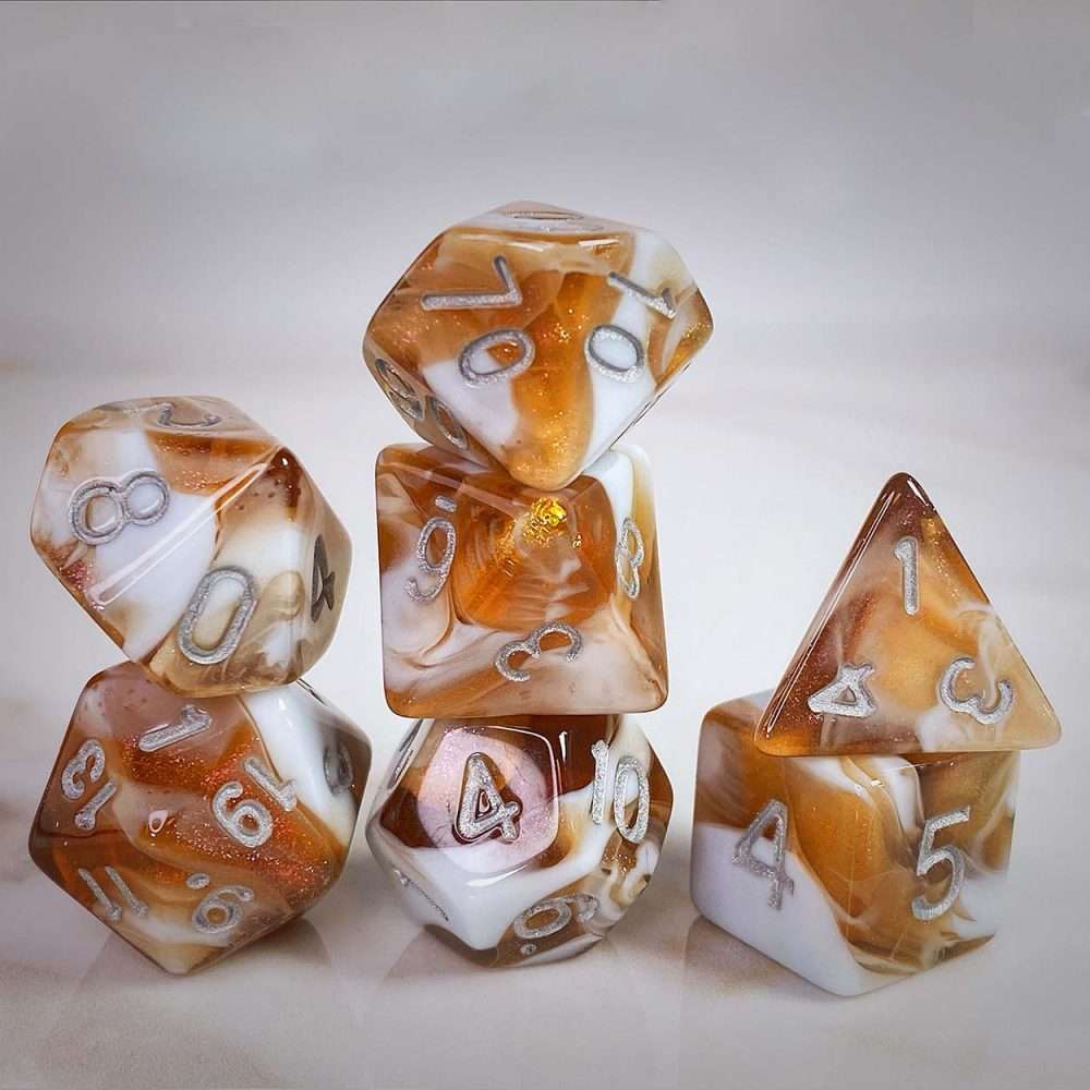 Sage's Shards - Brown/White Glitter and Silver Ink Acrylic Polyhedral Dice Set - Sage's PortalAcrylic Dice Set