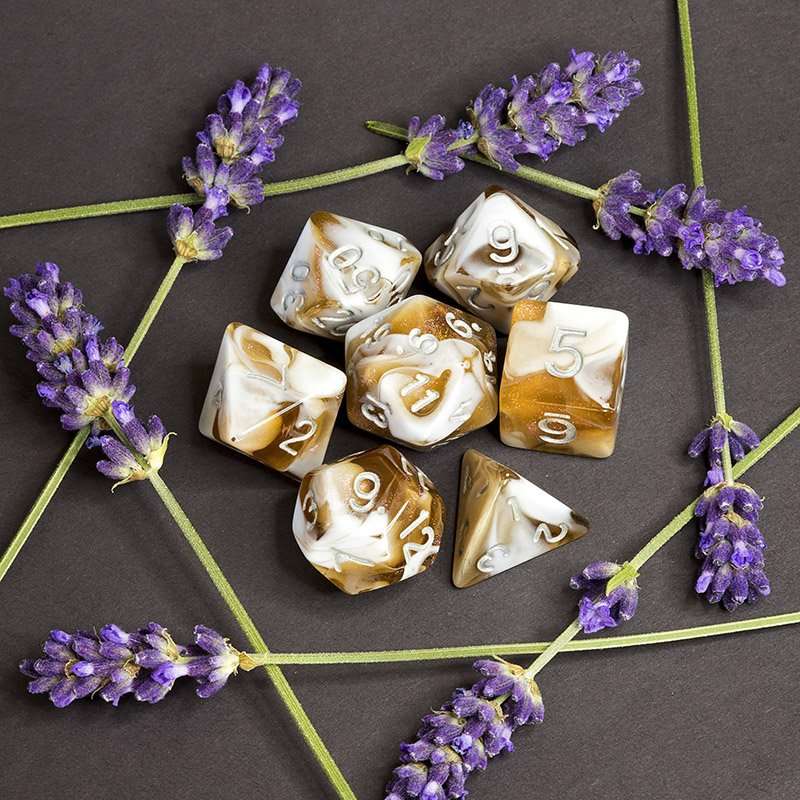 Sage's Shards - Brown/White Glitter and Silver Ink Acrylic Polyhedral Dice Set - Sage's PortalAcrylic Dice Set