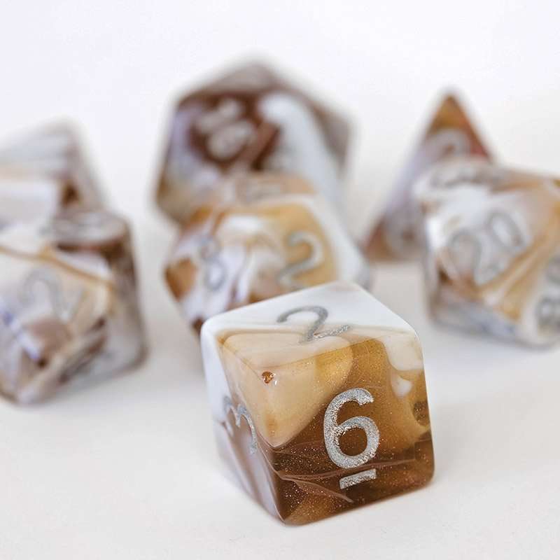 Sage's Shards - Brown/White Glitter and Silver Ink Acrylic Polyhedral Dice Set - Sage's PortalAcrylic Dice Set