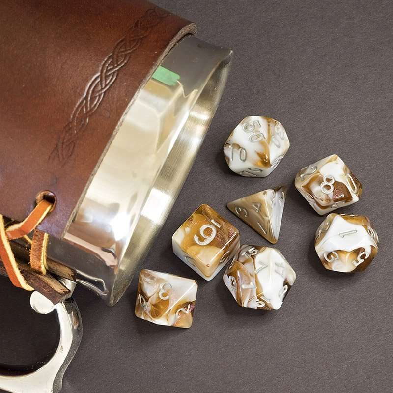 Sage's Shards - Brown/White Glitter and Silver Ink Acrylic Polyhedral Dice Set - Sage's PortalAcrylic Dice Set
