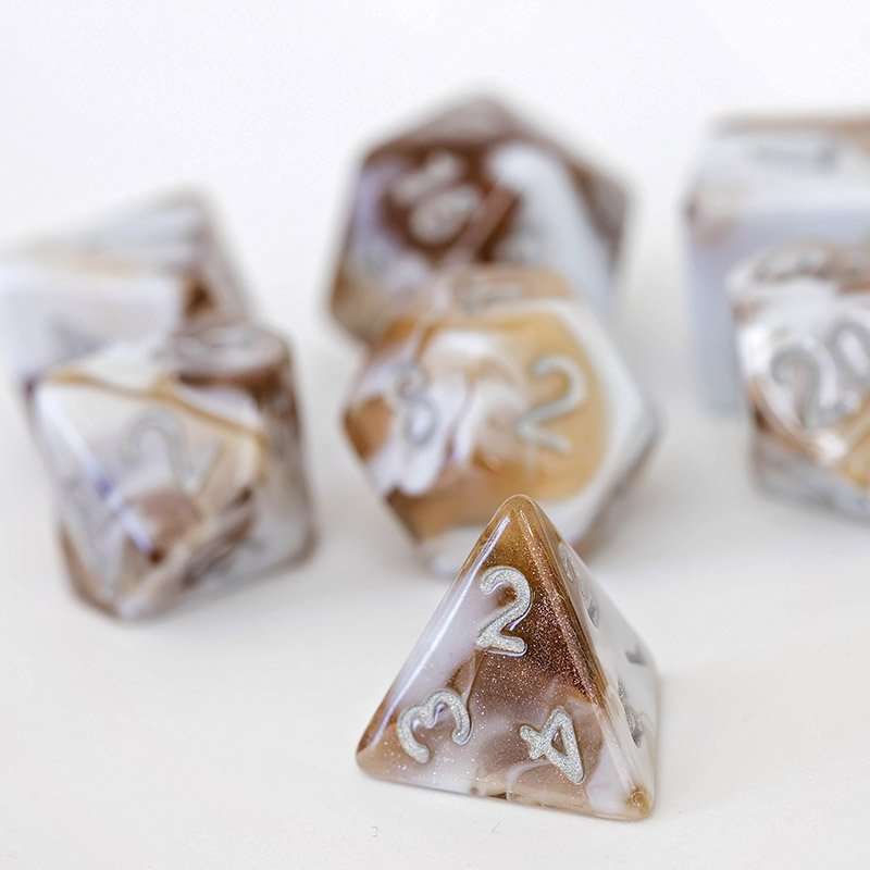 Sage's Shards - Brown/White Glitter and Silver Ink Acrylic Polyhedral Dice Set - Sage's PortalAcrylic Dice Set