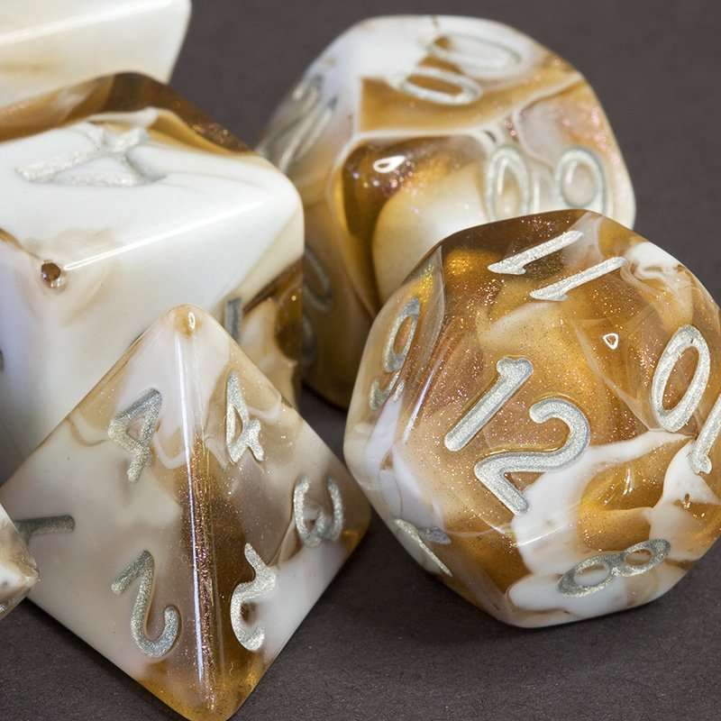 Sage's Shards - Brown/White Glitter and Silver Ink Acrylic Polyhedral Dice Set - Sage's PortalAcrylic Dice Set